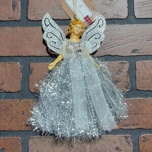 Angel Ornament ~ Holiday Decorations ~ Silver Tinsel, Beads, Jewel ~ 8 Inch
